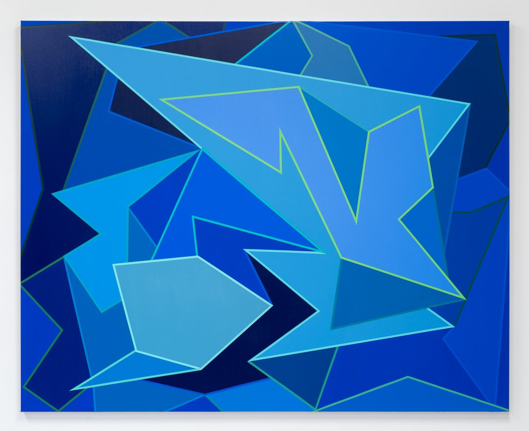 An abstract geometric painting with triangular and polygonal shapes in shades of blue.