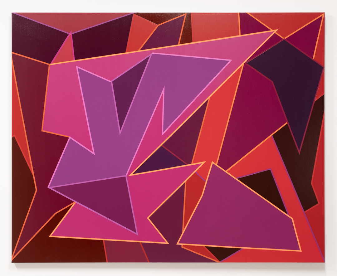 An abstract geometric painting with triangular and polygonal shapes in shades of red.
