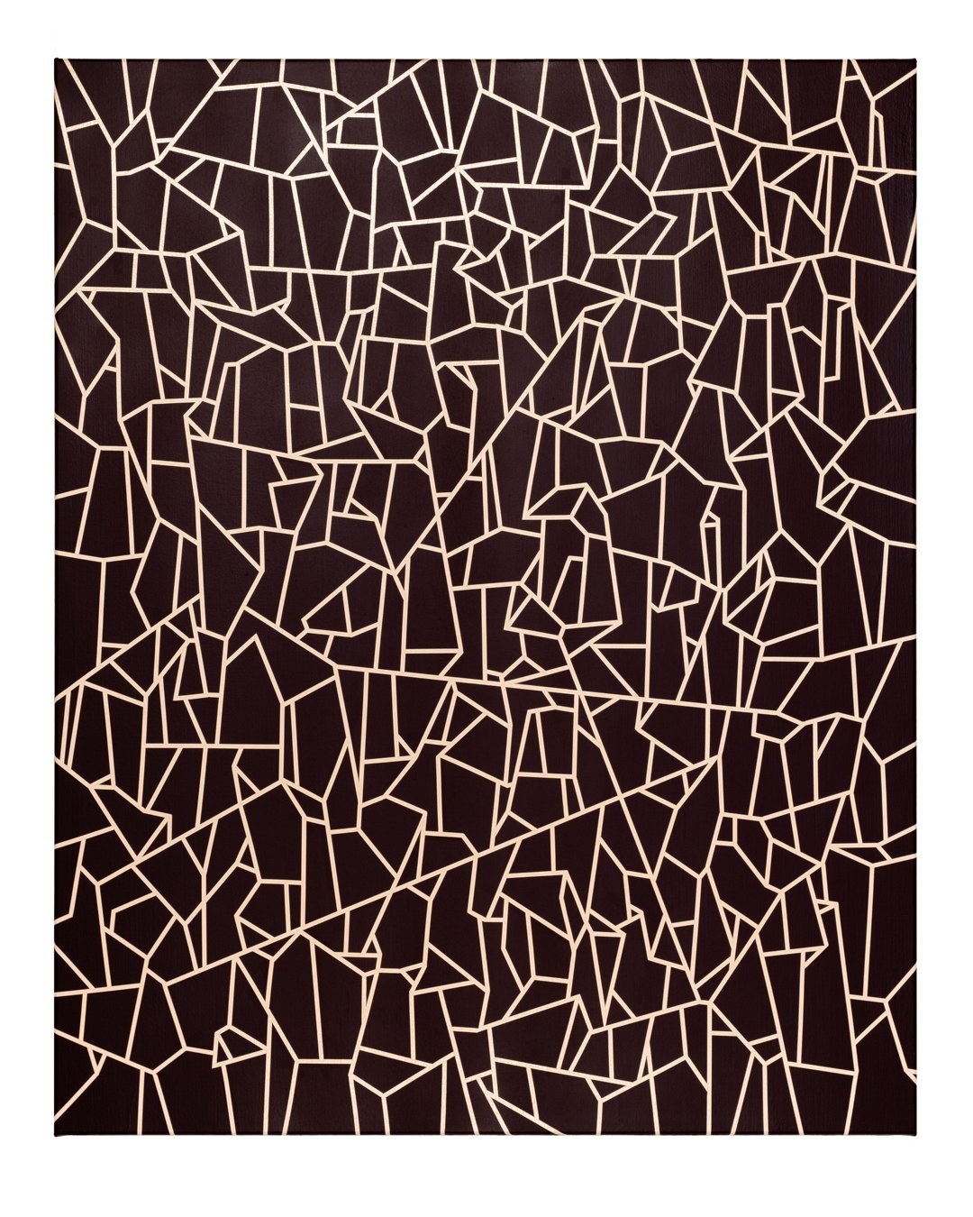 An abstract geometric painting with triangular and polygonal shapes in deep cadmium red.