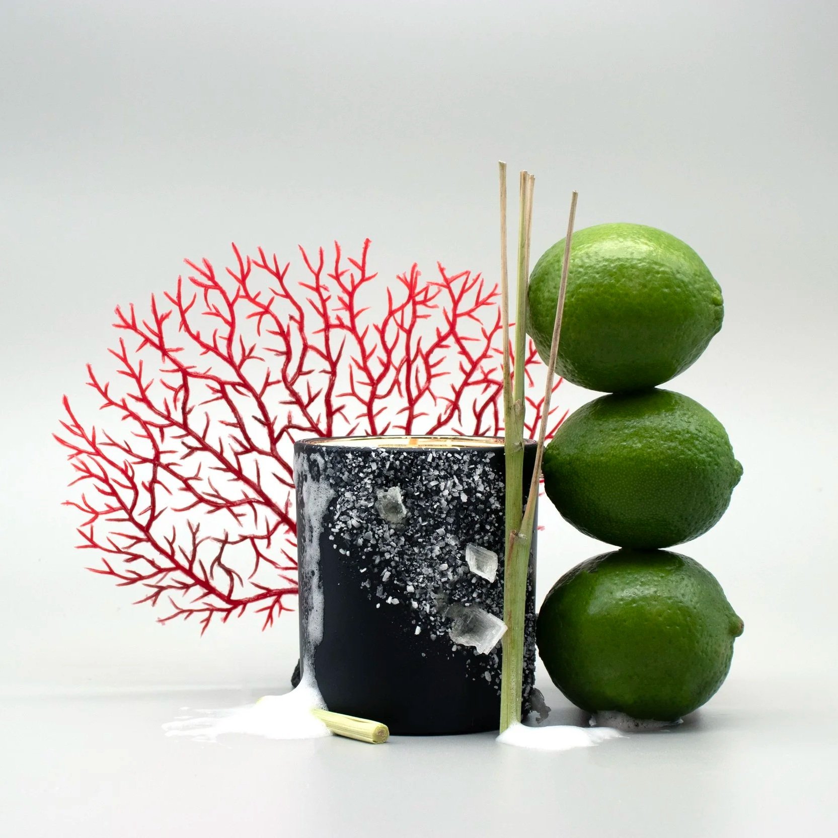 Clean burning candle with salt and sea foam around it, next to lemongrass stalks, a stack of three limes and coral in a sculptural still life.