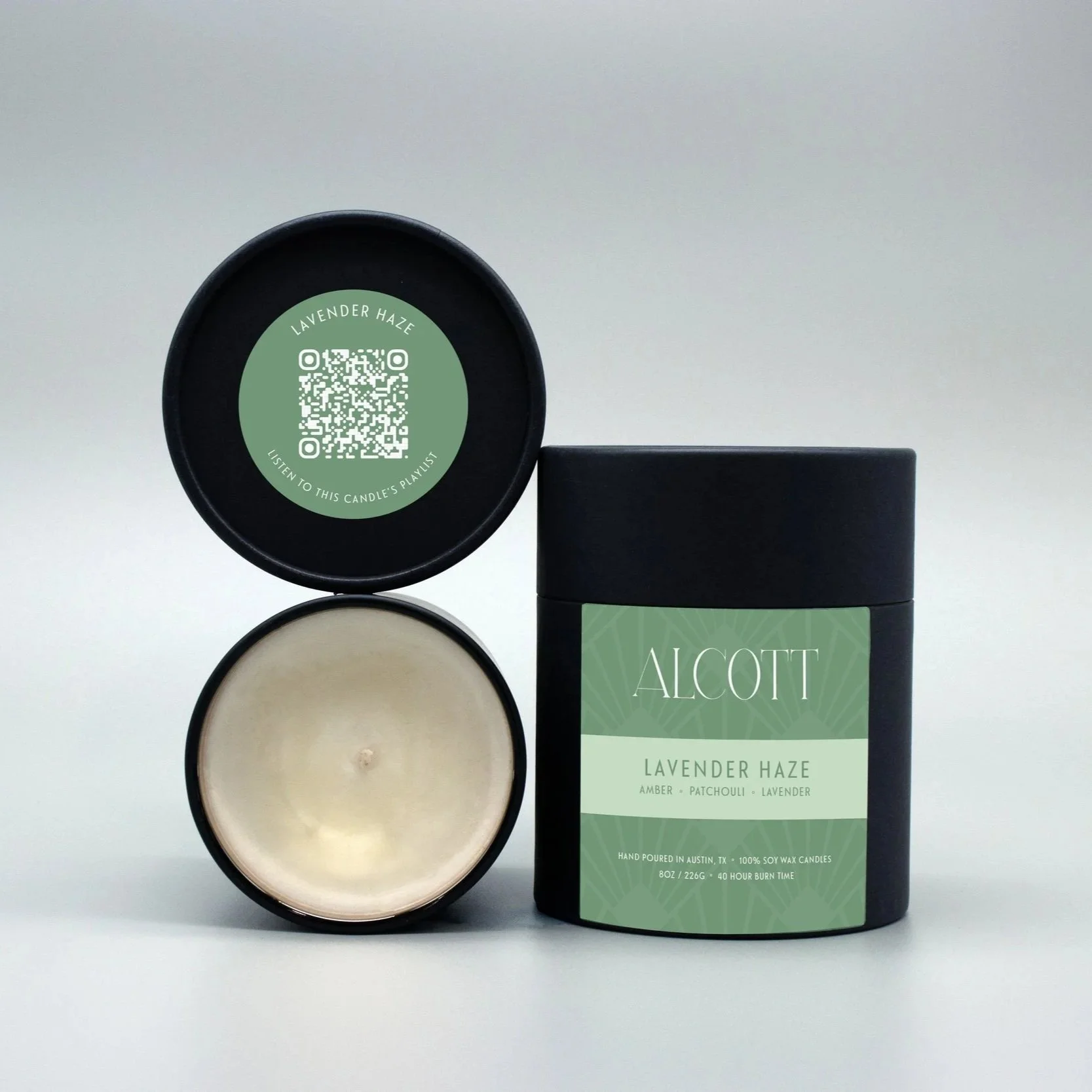 Clean burning candle Lavender Haze next to it's plastic-free packaging.