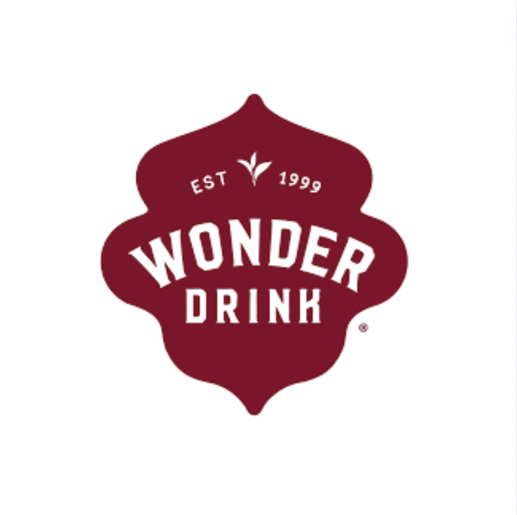 Logo of Wonder Drink, beverage company, with maroon design and white text.