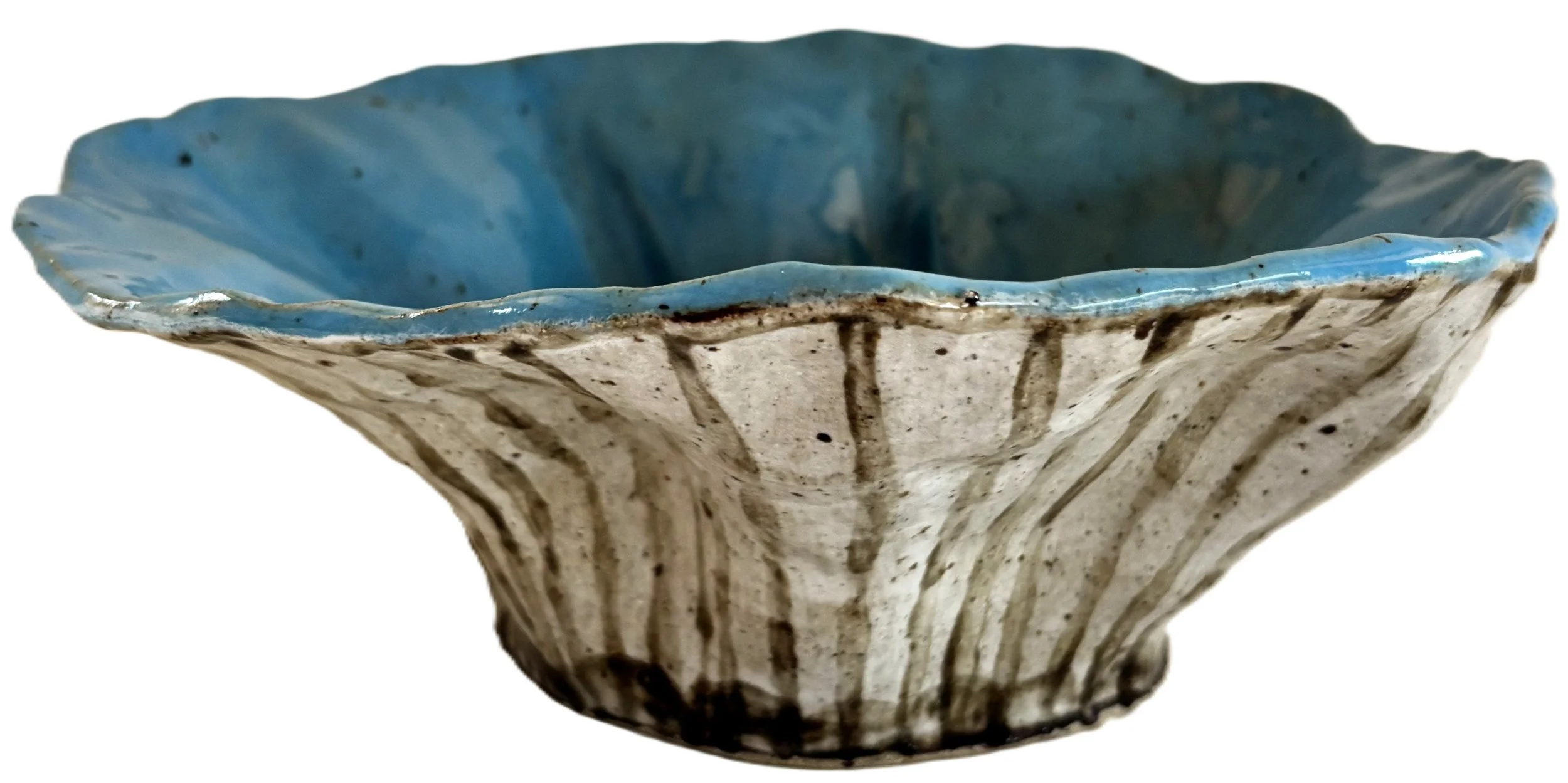Ceramic decorative bowl, vase, with a fluted shape, glazed in blue on the interior and beige with brown vertical lines on the exterior.