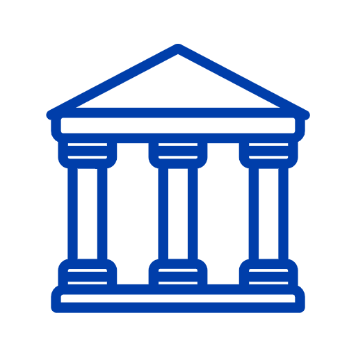 Line drawing of a government or institutional building with columns and a triangular roof, in blue.
