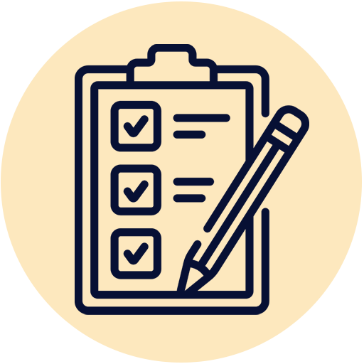 Icon of a clipboard with three checkmarks and a pencil, symbolizing a checklist or survey.