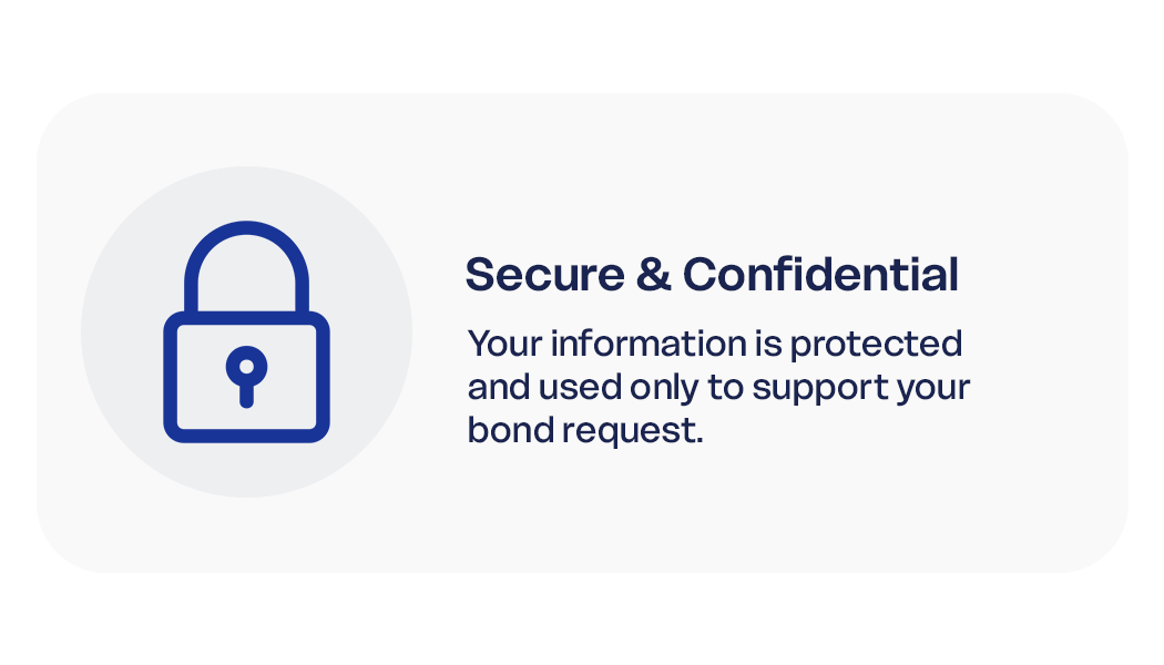 Information card with lock icon, stating 'Secure & Confidential. Your information is protected and used only to support your bond request.'