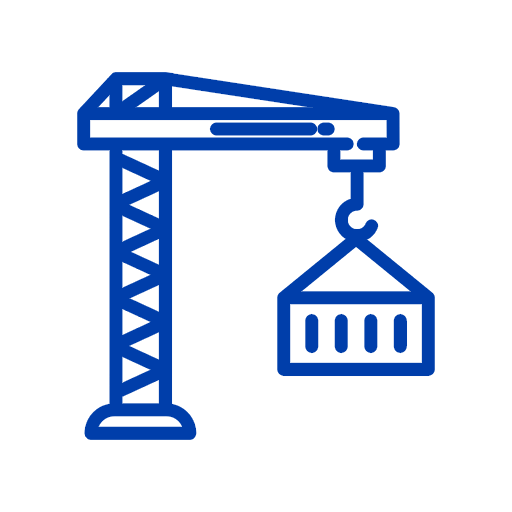 Blue line drawing of a construction crane with a hook and container.