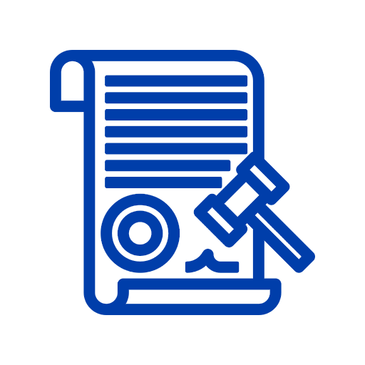 Icon of a legal document with a gavel, representing law or legal proceedings.
