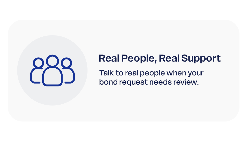 Icon of three people with the text: 'Real People, Real Support. Talk to real people when your bond request needs review.'