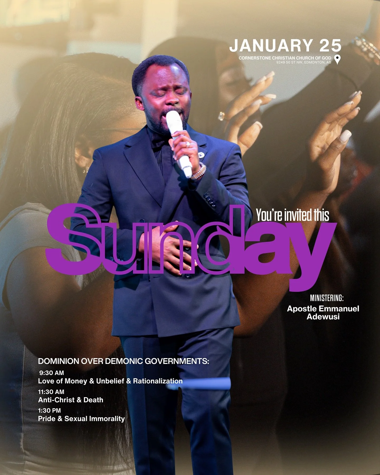 In these services, we will dismantle the spiritual forces of unbelief and rationalization, love of money, death and anti-Christ spirit, sexual immorality, and pride as governing tools used to steal, kill and destroy believers.

We will also establish