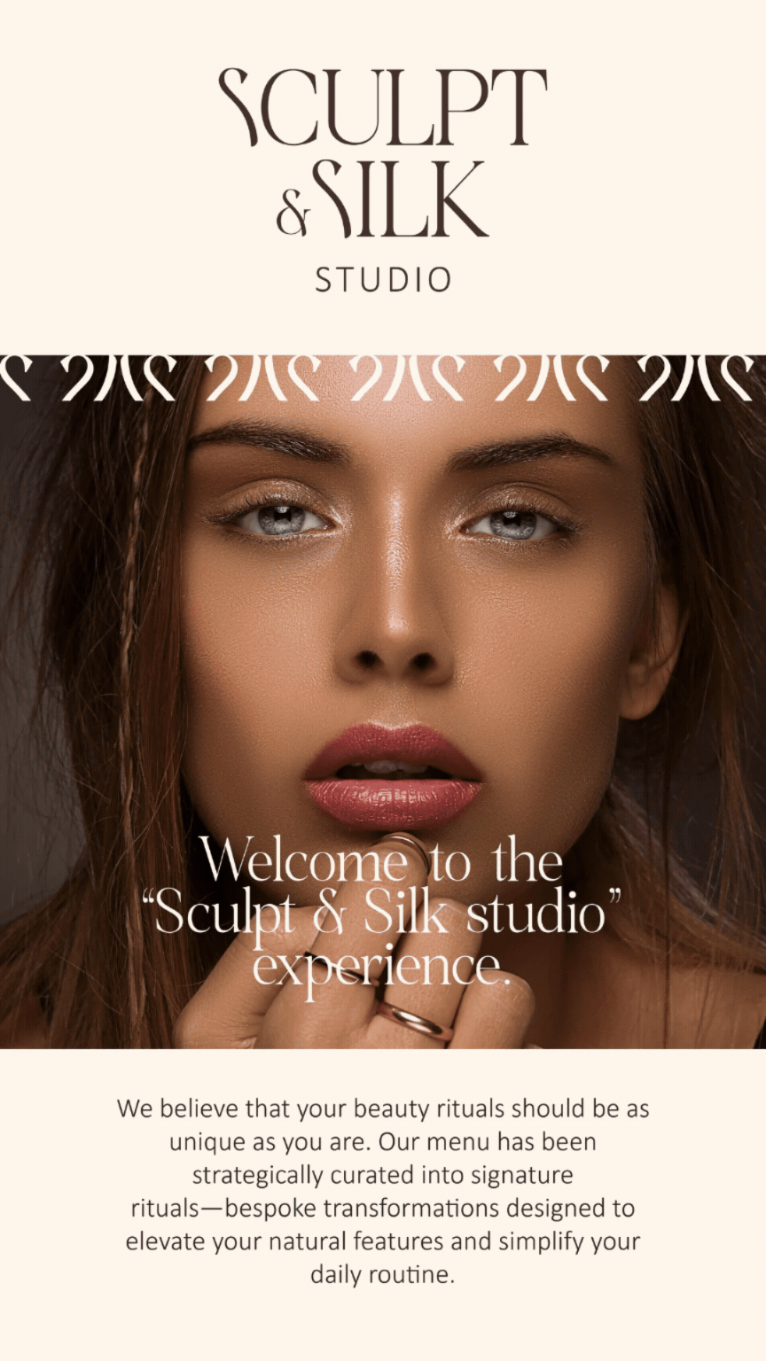 A promotional image for Sculpt & Silk Studio featuring a close-up of a woman's face with makeup and natural features, with text about the studio's beauty rituals and offerings.