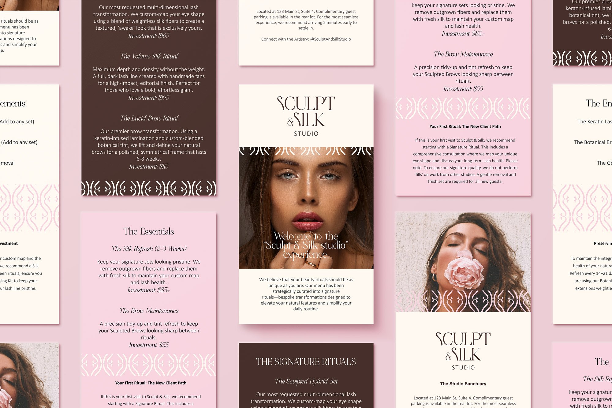 A brochure for Sculpt & Silk Studio featuring text about lash and brow services, prices, and the studio's logo. The background colors are soft pinks and browns, with images of women with styled brows and makeup.