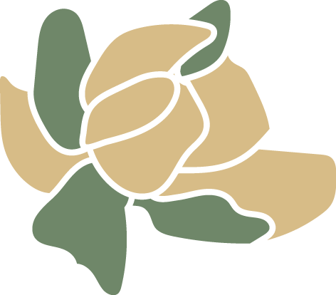 Illustration of a flower with green leaves and beige petals.