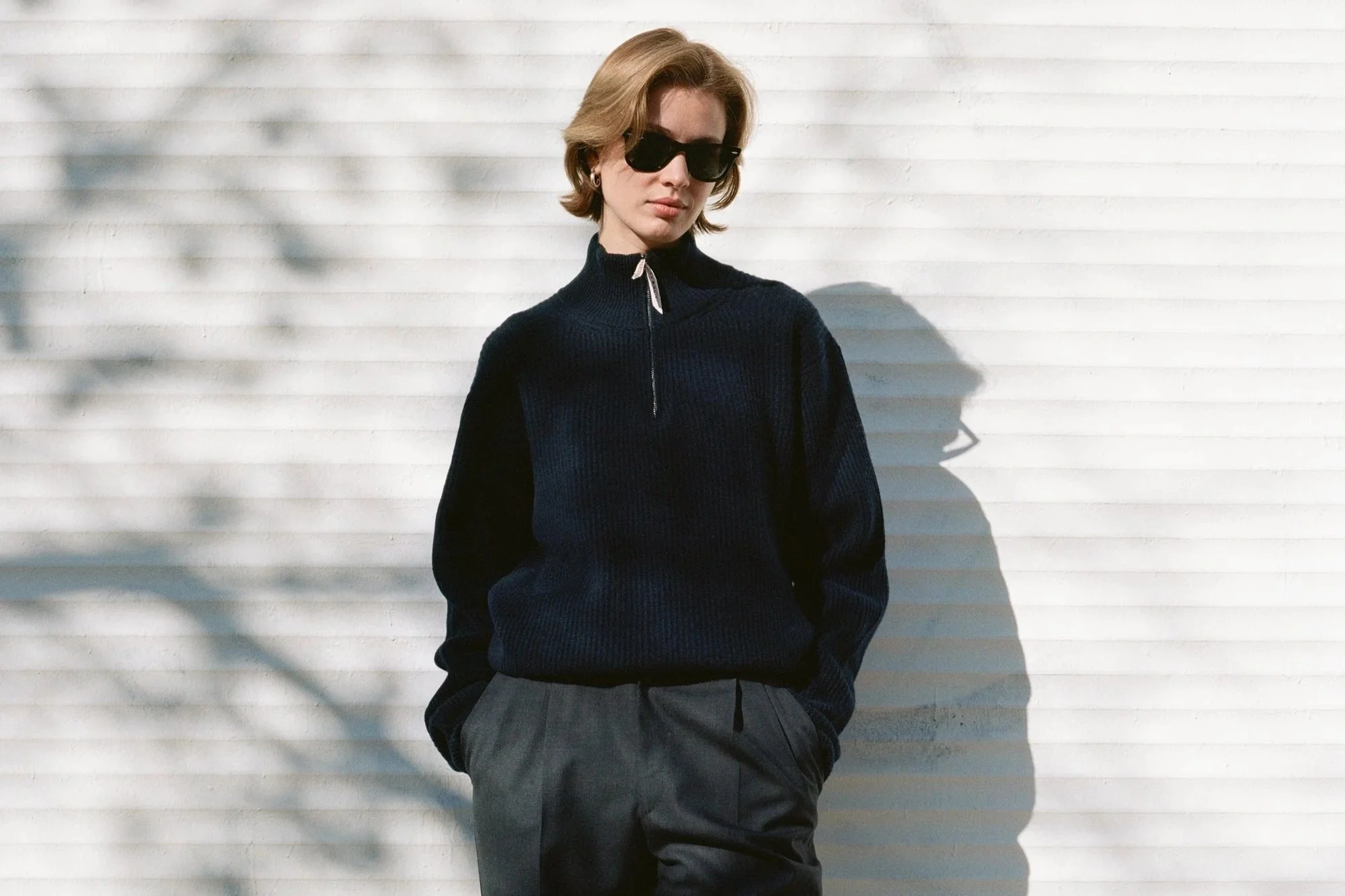 Recycled Cashmere Chunky Quater Zip Sweater - Navy