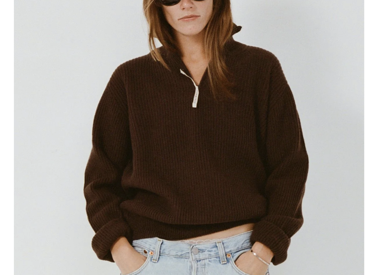 Recycled Cashmere Chunky Quater Zip Sweater Chocolate