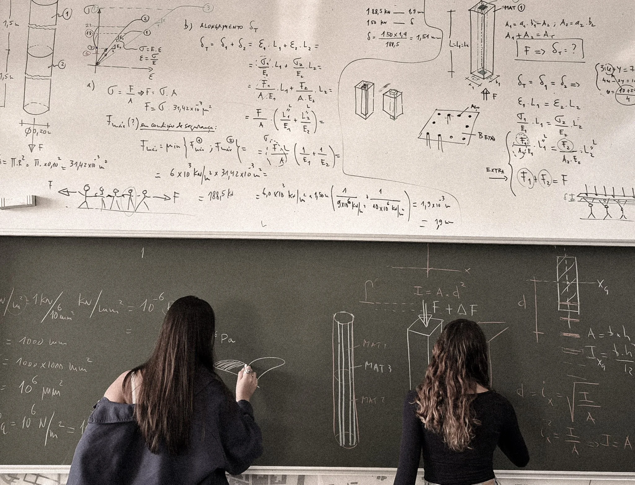 Two women with long hair facing a large chalkboard filled with complex scientific and mathematical equations, diagrams, and sketches in a classroom or lecture hall.
