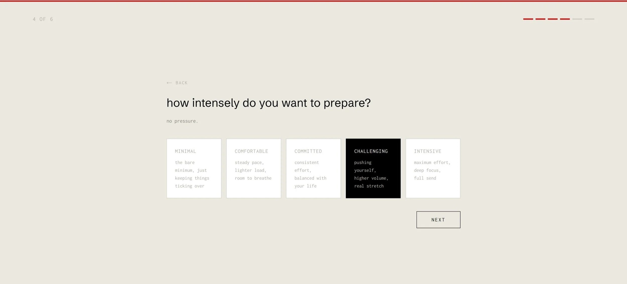 A screen with a question 'how intensely do you want to prepare?' and options for different levels of training, including 'MINIMAL', 'COMFORTABLE', 'COMMITTED', 'CHALLENGING', and 'INTENSIVE'.