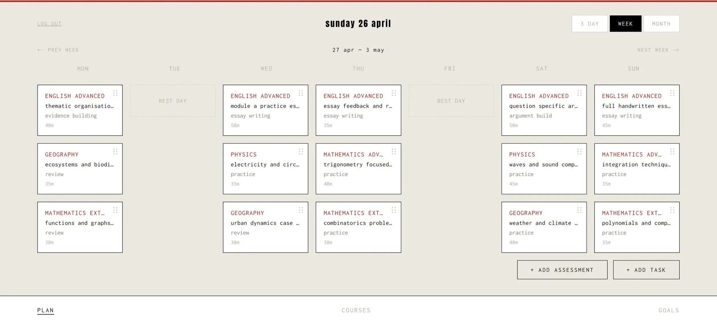 Weekly academic schedule for Sunday, April 26, including various classes in English, Geography, Physics, and Mathematics, with details on topics and durations.