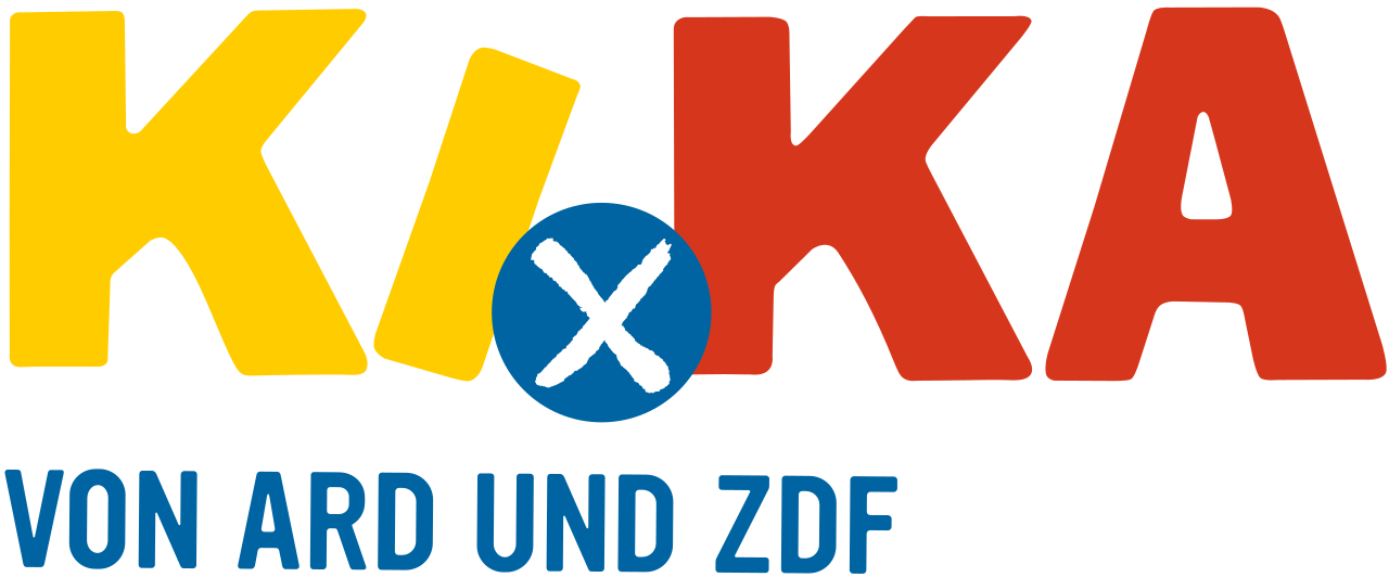 Logo von KiKA, einem deutschen Fernsehsender für Kinder, mit bunten Buchstaben und einem blauen Kreis mit einem weißen Kreuz in der Mitte, darunter der Slogan 'Von ARD und ZDF'.
