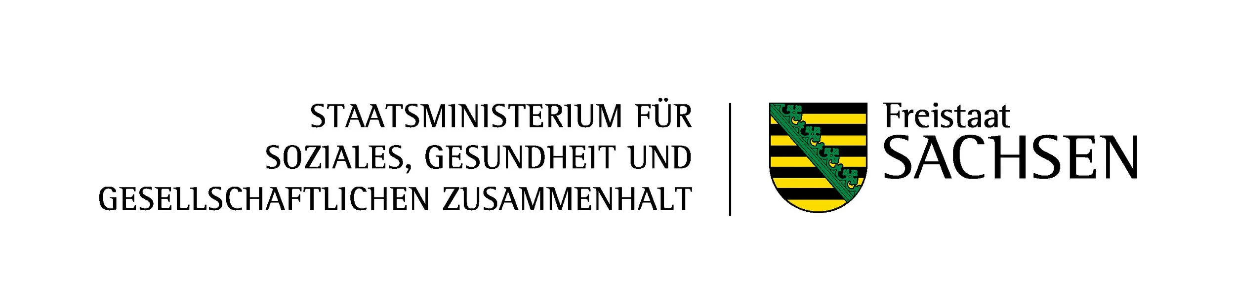 Logo des Staatsministeriums für Soziales, Gesundheit und Gesellschaftlichen Zusammenhalt Sachsen mit dem sächsischen Wappen auf weißem Hintergrund.