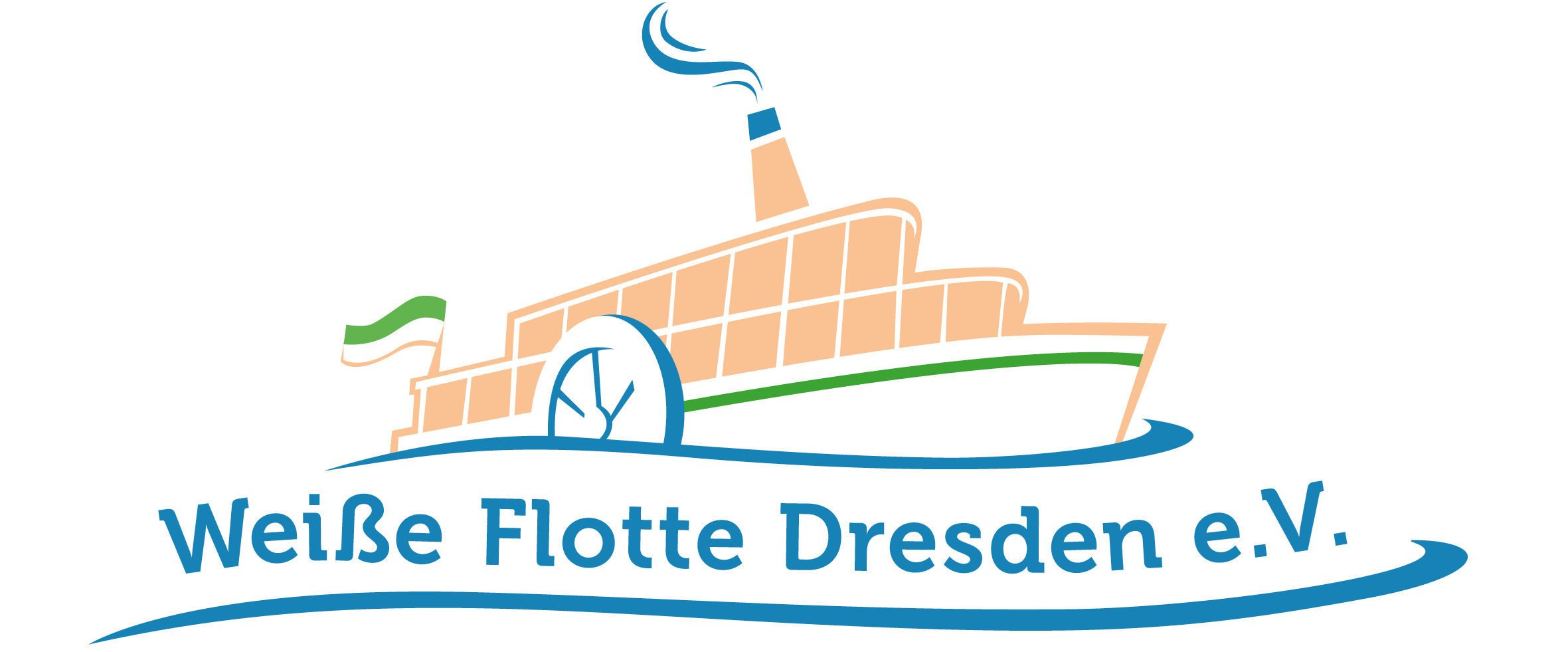Illustration einer weißen Flotte Dresden e.V. mit einem stilisierten Kreuzfahrtschiff, einer deutschen Flagge und einem Wasserzeichen.