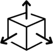 A 3D wireframe cube with arrows pointing outward from its corners and a double-headed arrow pointing upwards.