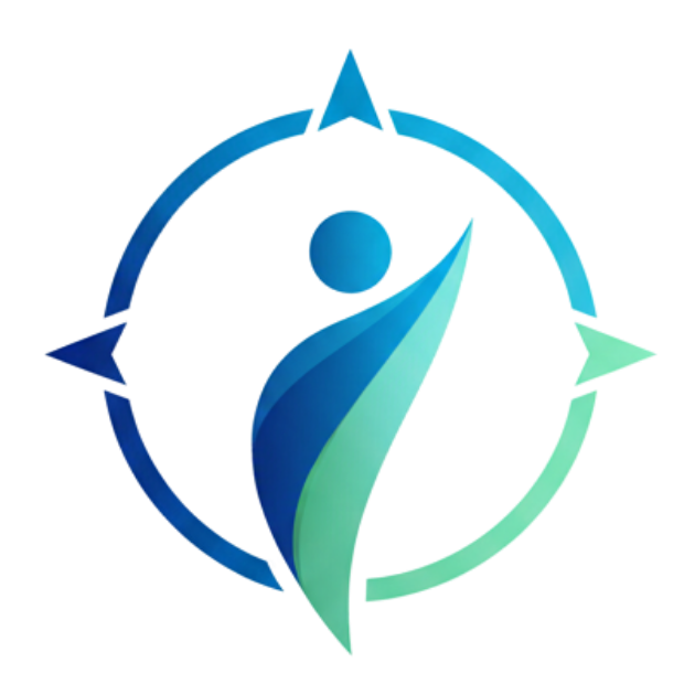 A circular blue and green compass logo with three arrows and a small circle, representing navigation or direction.