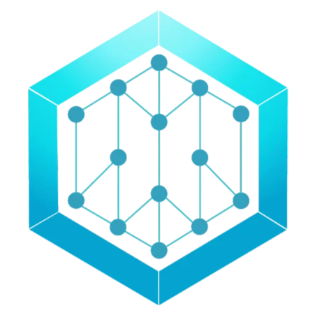 A blue hexagon with a 3D effect, containing a network of connected nodes and lines, resembling a digital or blockchain diagram.