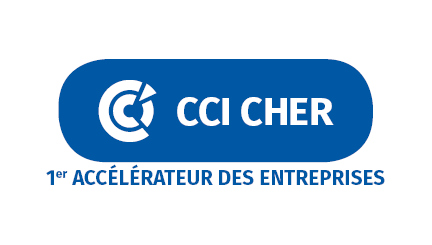 Logo de CCI Cher avec un symbole en forme de cible et la mention '1er ACCÉLÉRATEUR DES ENTREPRISES'.