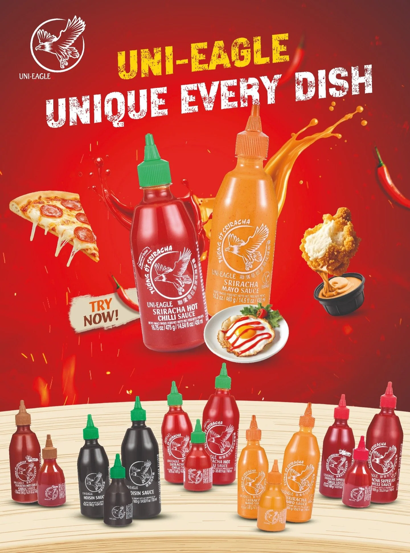 ๐ฅNew Arrival Alert!๐ฅ
Turn every meal into a flavor adventure with our latest UNI-EAGLE Sriracha sauces! Now available at Chuanglee! ๐ถ๏ธ
๐ฟ Sriracha Hot Chilli Lemongrass
๐ง Sriracha Hot Chilli Garlic Sauce
๐ฅ Sriracha Mayo Hot Chilli Sauce
๐ฅ S