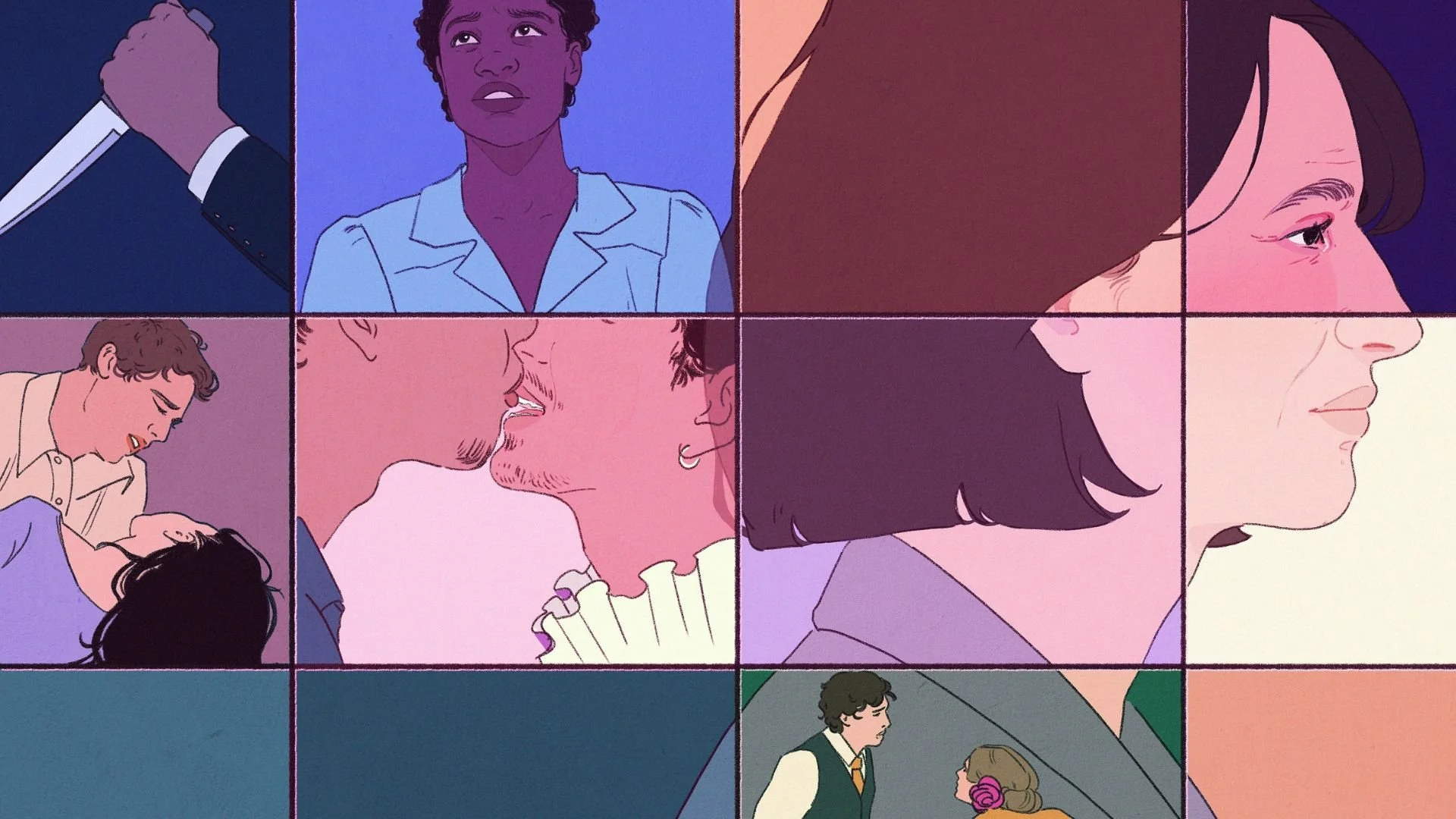 Collage of animated scenes depicting various people in emotional moments, with close-ups of faces, kisses, and conversations.