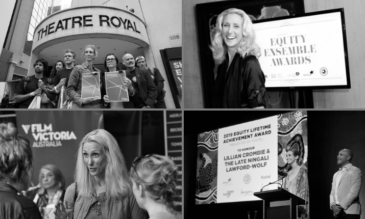 Collage of four images: group of people outside Theatre Royal, woman accepting award at Equity Ensemble Awards, woman speaking at Film Victoria event, award presentation for Lillian Crombie and Lawford-Wolf.