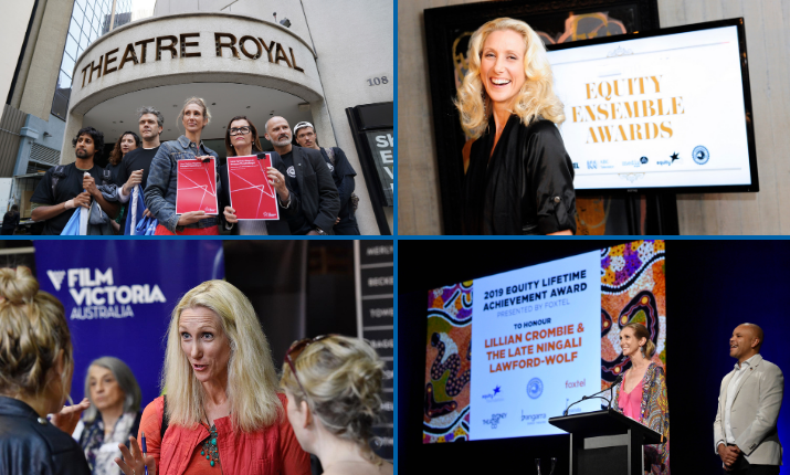 Top left: People standing outside Royal Theatre holding awards. Top right: Woman smiling at Equity Ensemble Awards event on screen. Bottom left: Woman speaking to group at Film Victoria event. Bottom right: Presentation stage with colorful display for Equity Lifetime Achievement Award, with speaker and recipient.