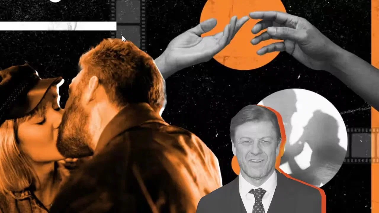 Collage of two couples kissing, with hands reaching out, a man in a suit, and silhouettes of animals against a starry background with orange and black elements.