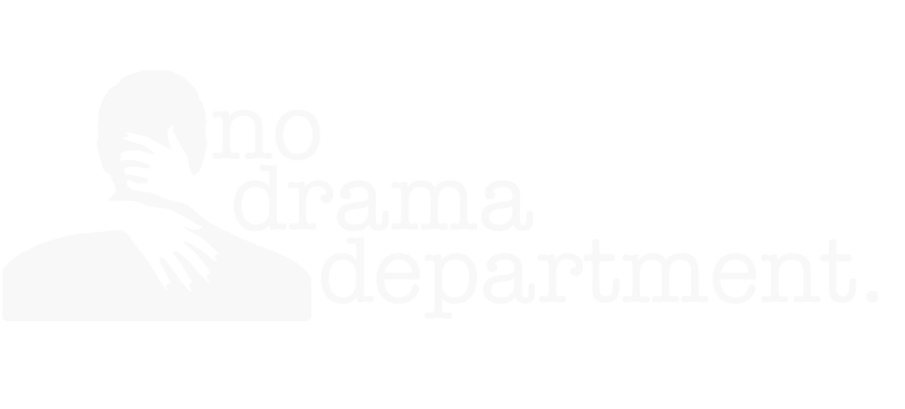 A white silhouette of the back of a persons head with hands wrapped around the neck with a transparent background and text that reads "no drama department".