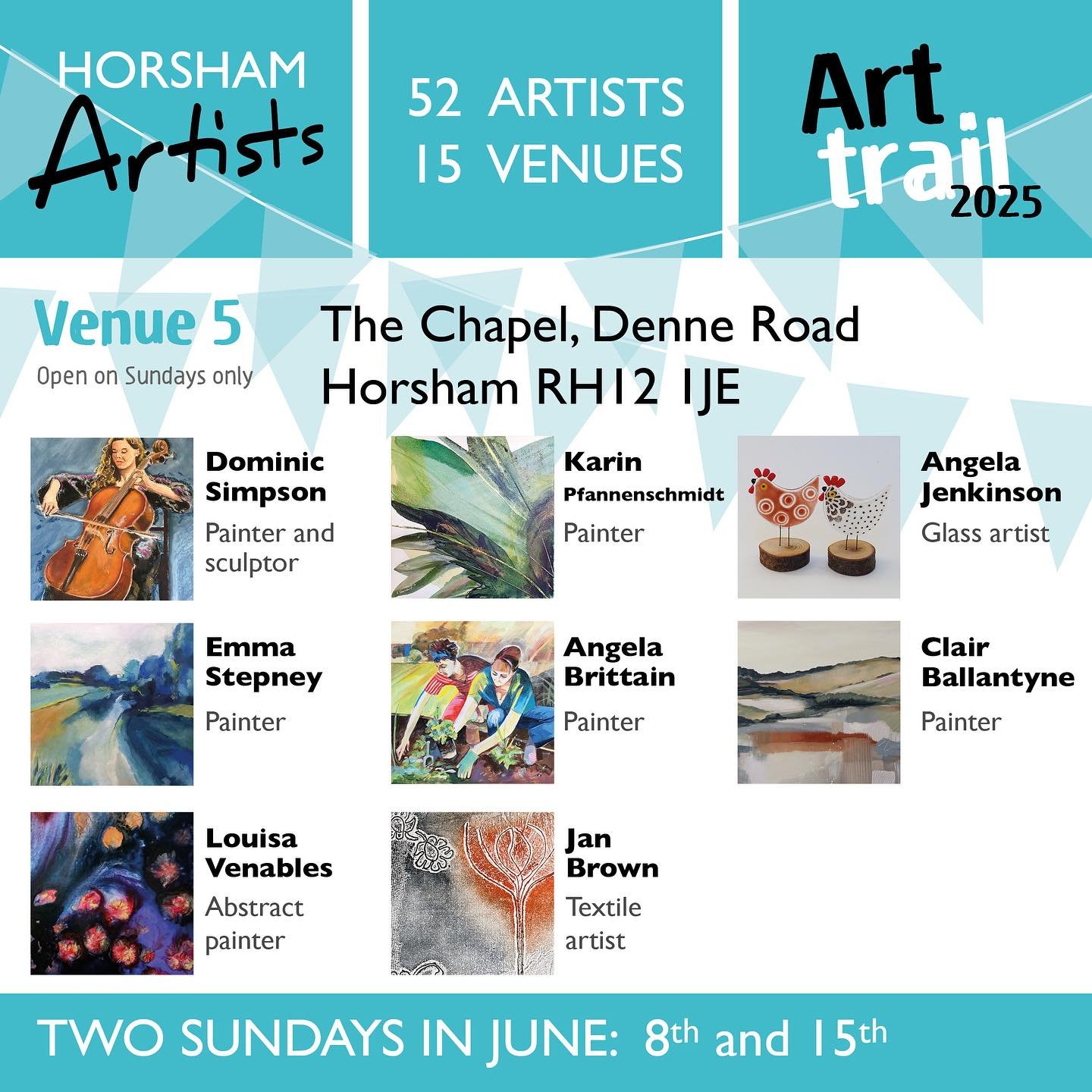 @horshamartists Art Trail starts this weekend. 15 venues across the district, with fabulous original work from 52 local artists and makers. I&rsquo;ll be at Venue 5, The Chapel, Denne Road, Horsham on Sunday 8 and Sunday 15 June. See you there! 🎨