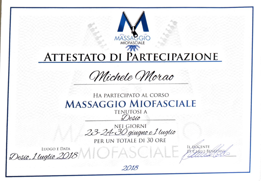 Certificato di partecipazione al corso di massaggio miofasciale, intestato a Michele Moro, datato 1 luglio 2018, tenuto a Desio.