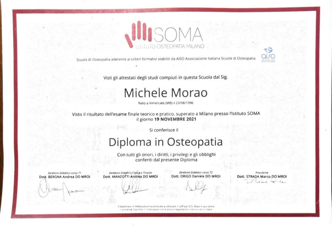 Diploma in Osteopathic awarded to Michele Morao, issued on November 19, 2021, by Istituto SOMA Milano.