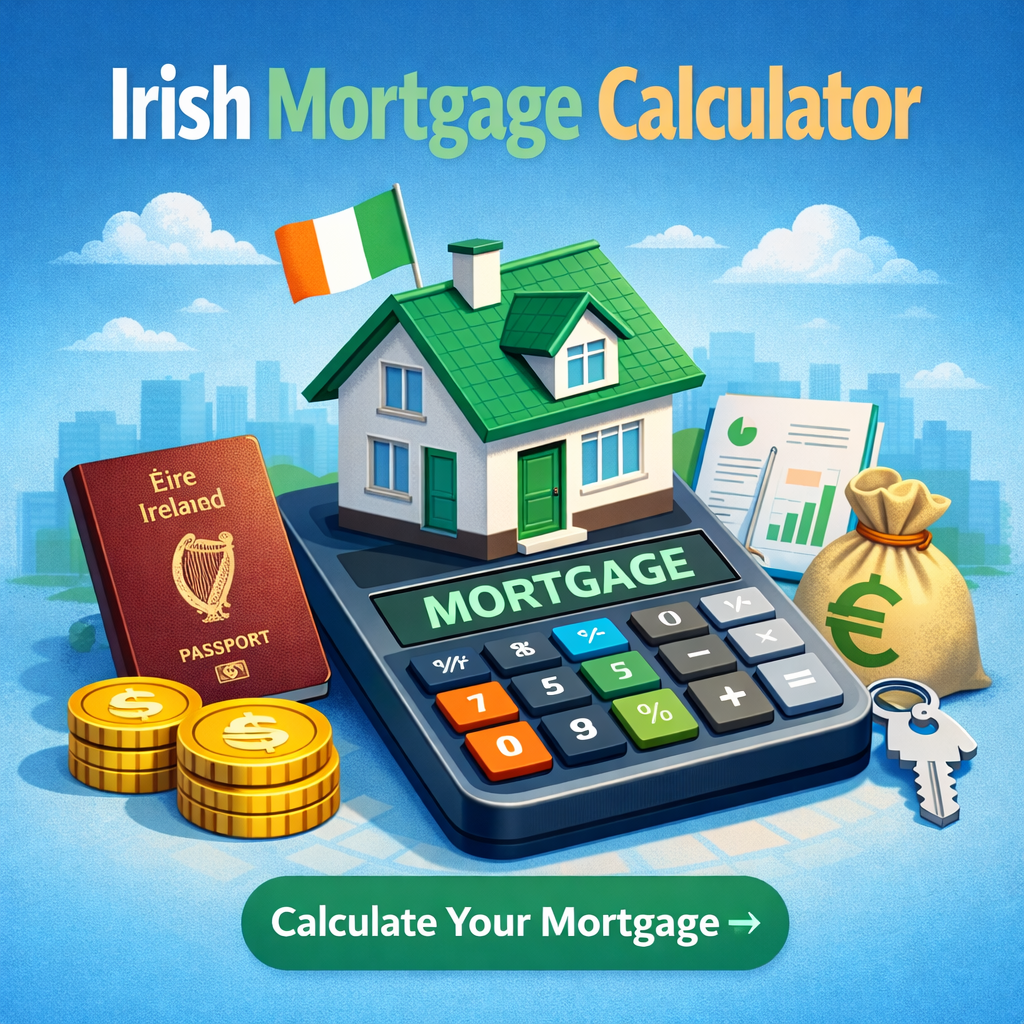 Graphic promoting Irish mortgage calculator with a model house, Scottish passport, coins, a money bag, and a key, set against a cityscape background. Text includes 'Irish Mortgage Calculator' and 'Calculate Your Mortgage'.