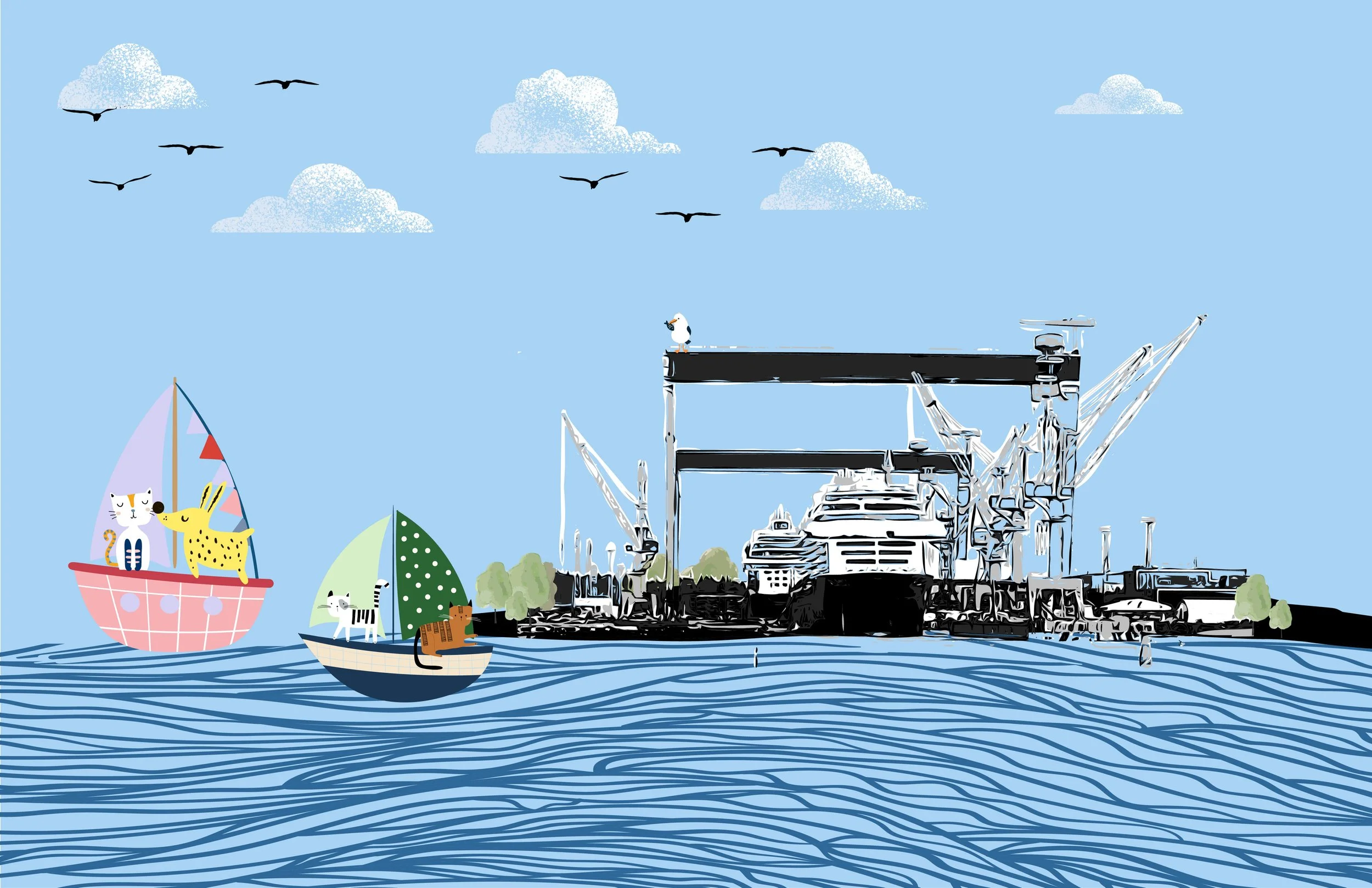 The illustration shows the Perno's shipyard. This landmark serves as a reminder of the now closed Pansio's Shipyard and reflects the long history of shipbuilding in the area.