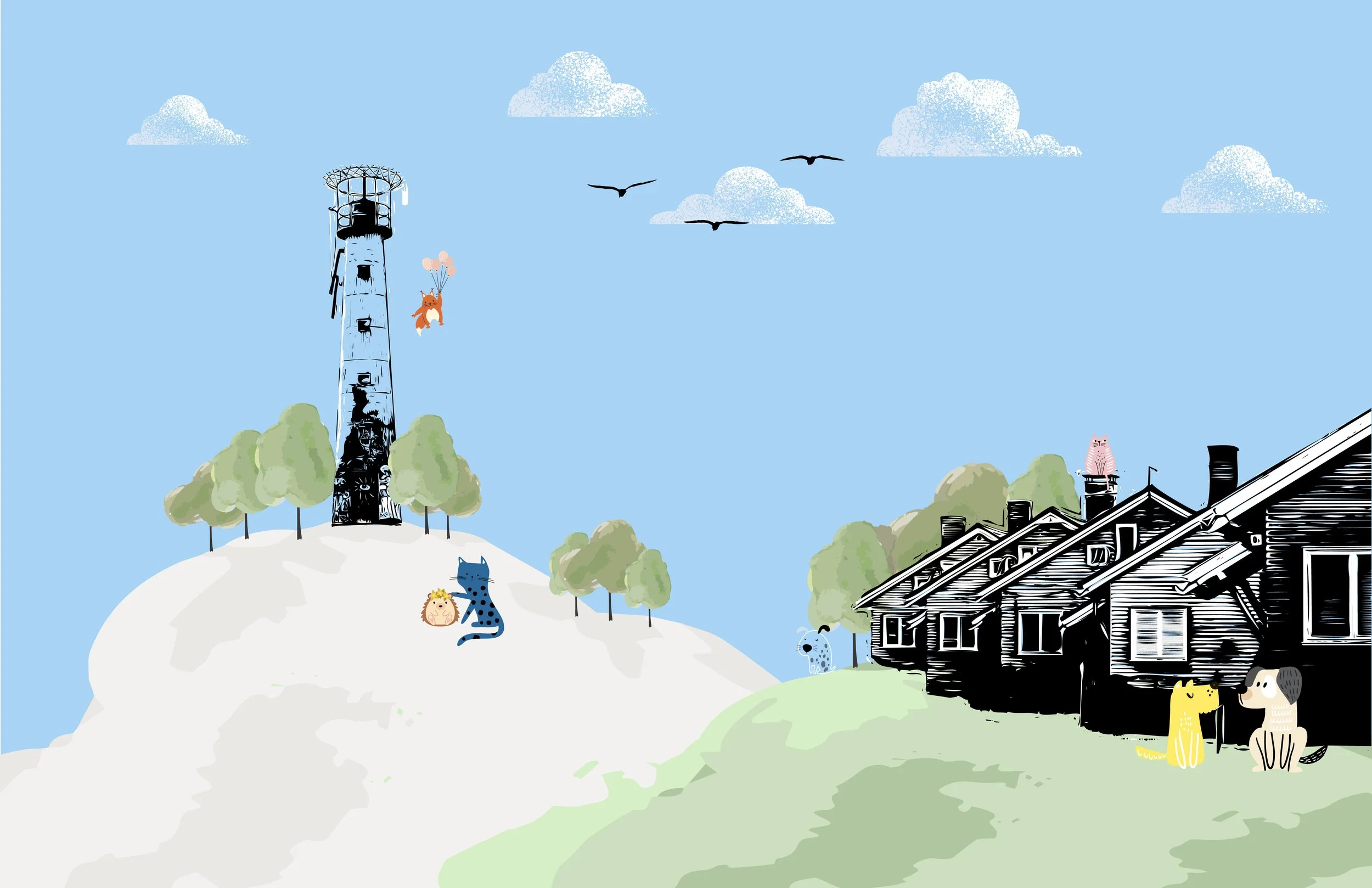 Landmarks visible in the illustration are Pansion's flight beacon from the 1930s and the houses of the Ship Industry residential area designed by Erik Bryggman in the 1940s.