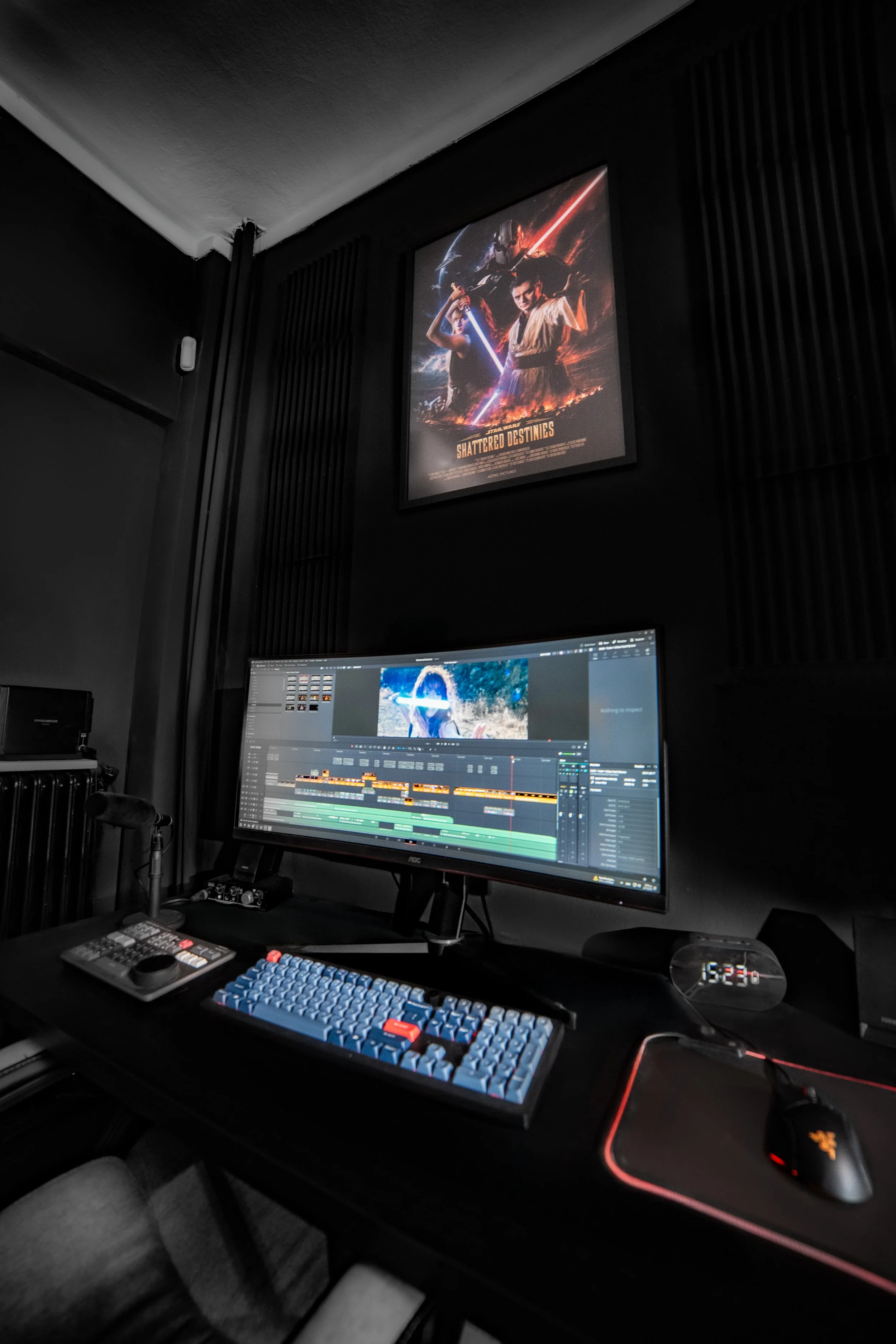 A workspace with a computer monitor displaying video editing software, a mechanical keyboard with blue and orange keys, a mouse with a red accent, a small digital clock, and a poster of characters from Star Wars: Shattered Destinies on the black wall