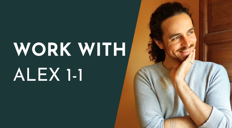 A smiling man with dark curly hair and a light gray sweater, touching his face with his right hand, sitting next to a wall with a wooden panel. Text on the left side reads, 'Work with Alex 1-1'.