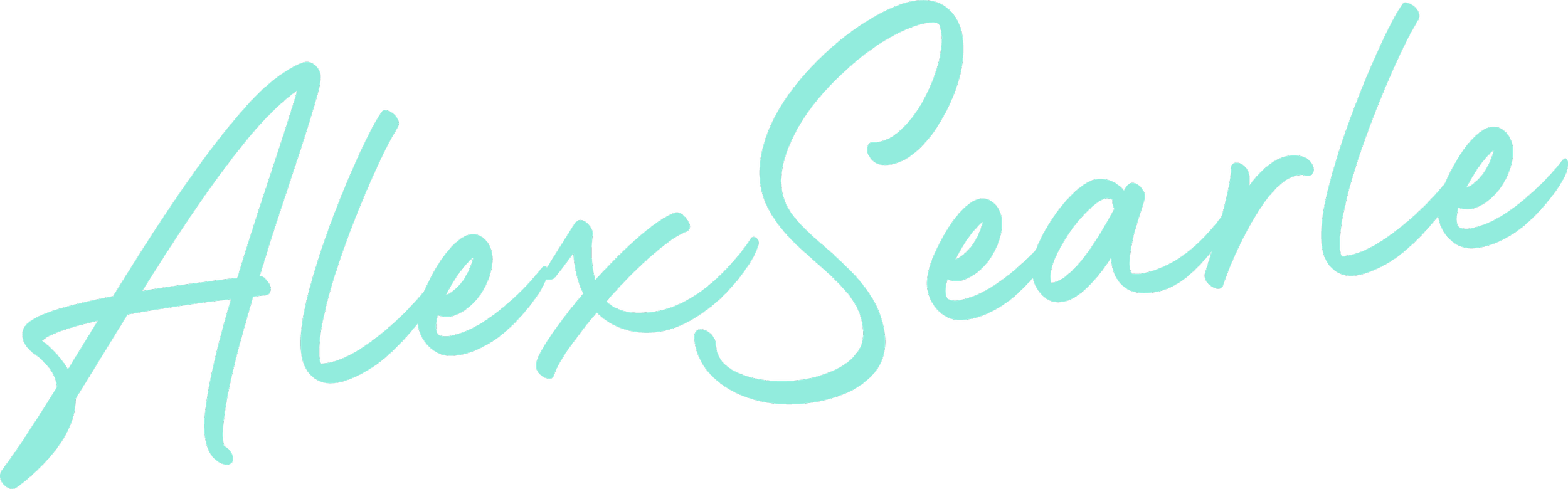 Neon sign that says "AlexSea" in bright cyan cursive font.
