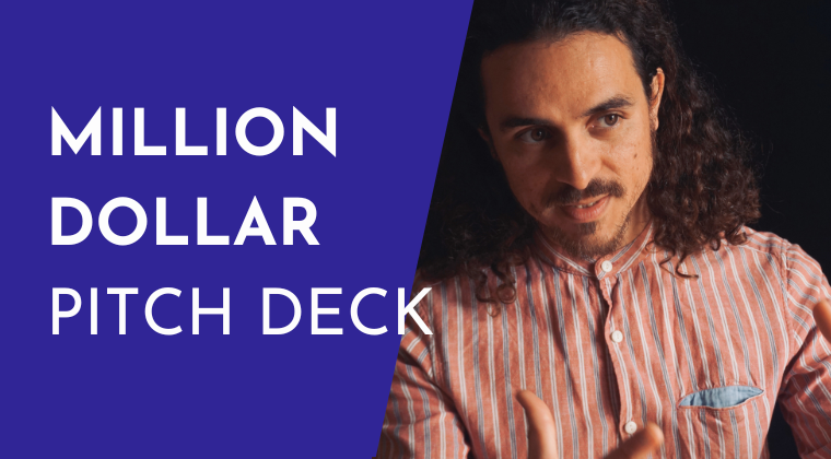 A man with curly hair and a striped shirt is gesturing with his hands, next to a blue and purple background with white text that reads 'Million Dollar Pitch Deck'.