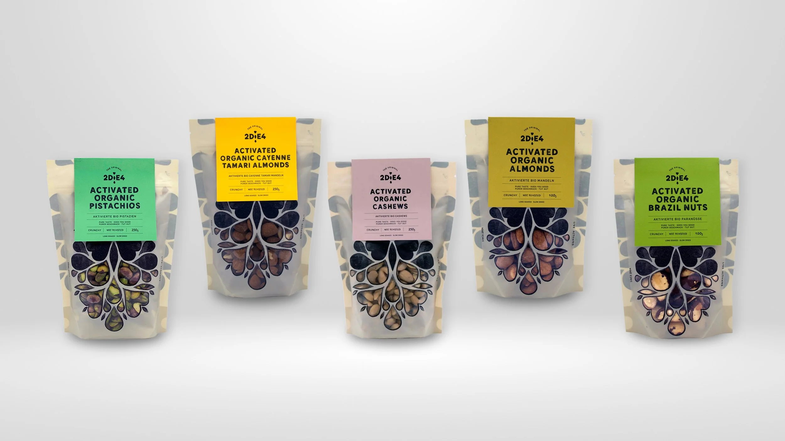 Range of 2DiE4 Live Foods activated pistachios, tamari almonds, cashews, almonds, brazil nuts organic nuts in packaging.
