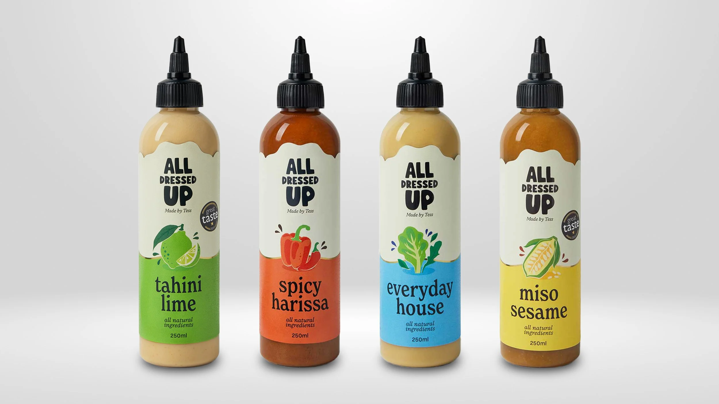 Range of All Dressed Up natural salad dressings in squeezy bottles