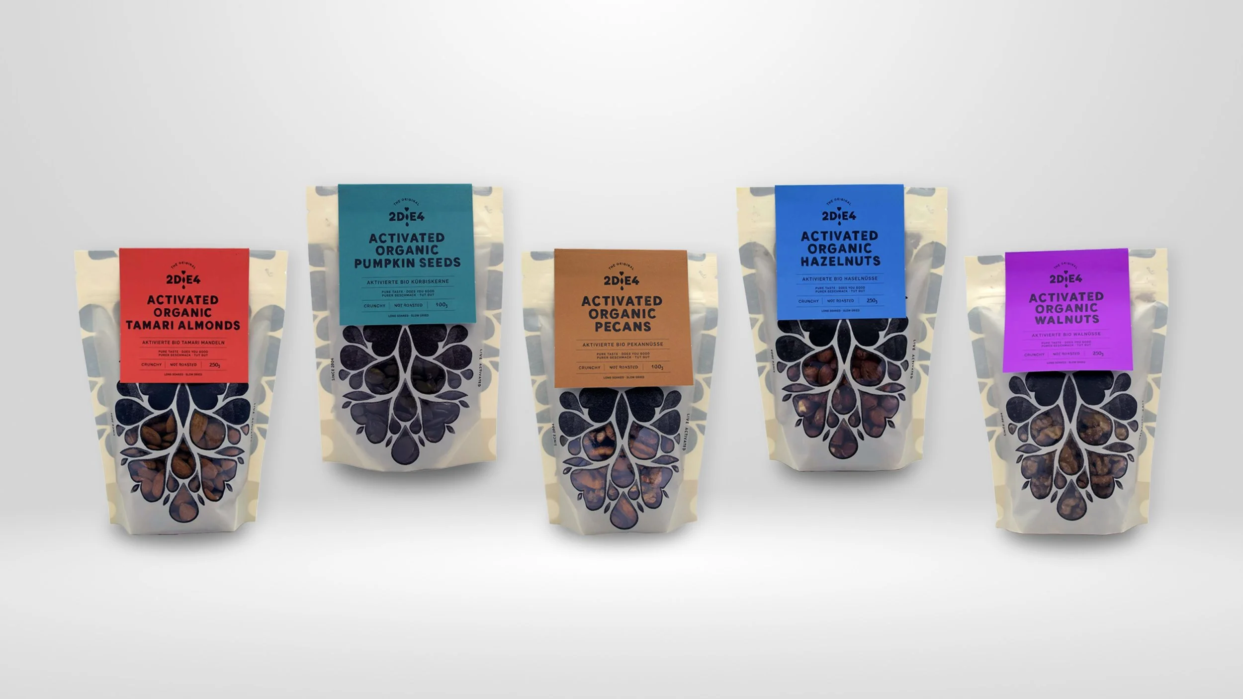 Range of 2DiE4 Live Foods activated tamari almonds, pumpkin seeds, pecans, hazelnuts, walnuts organic nuts in packaging