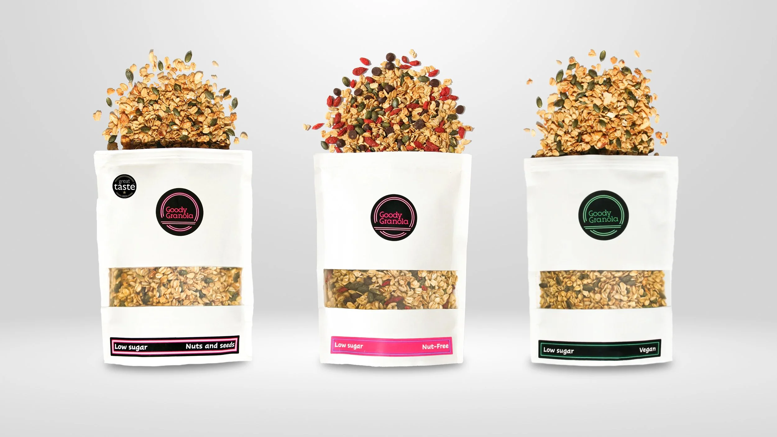 Goody Granola's full range in packaging