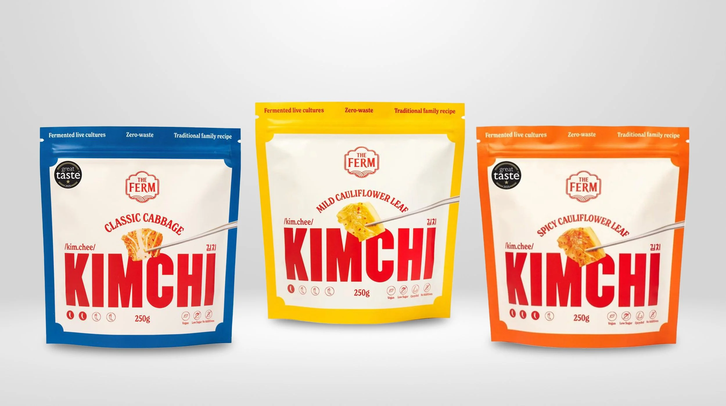 The Ferm's range of kimchi in pouches on grey background